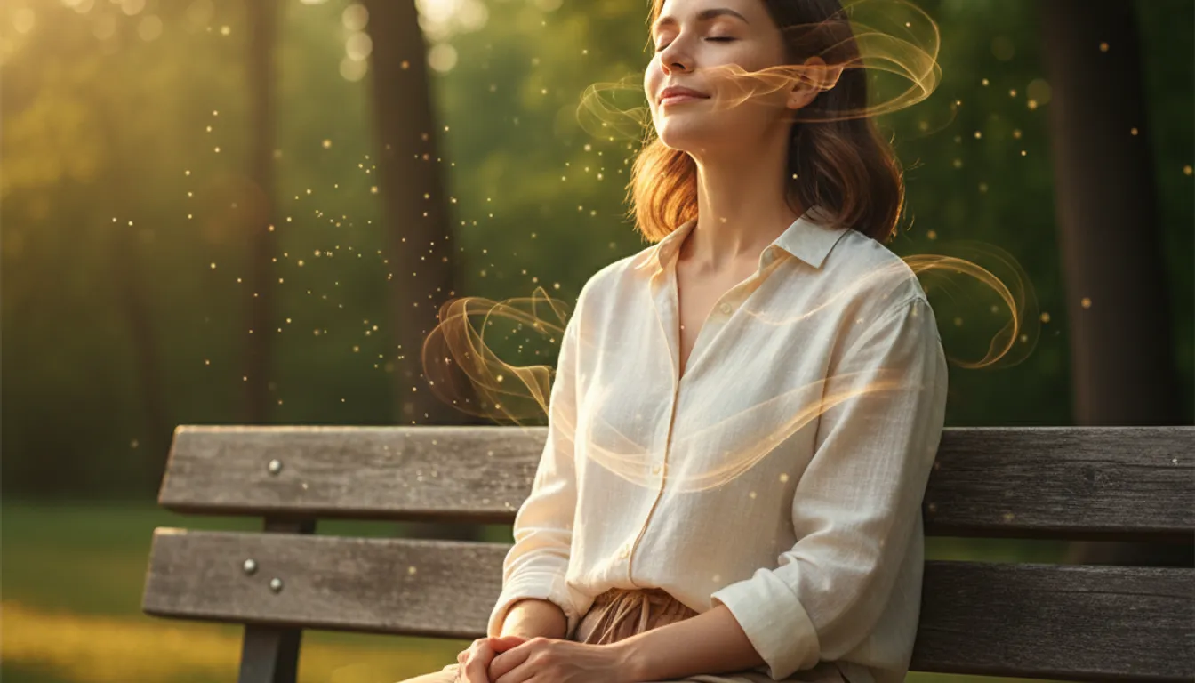 Woman practicing deep breathing in park, representing CBT technique for social anxiety relief.