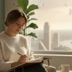 Photorealistic image of a woman practicing CBT techniques to overcome social anxiety in therapy.