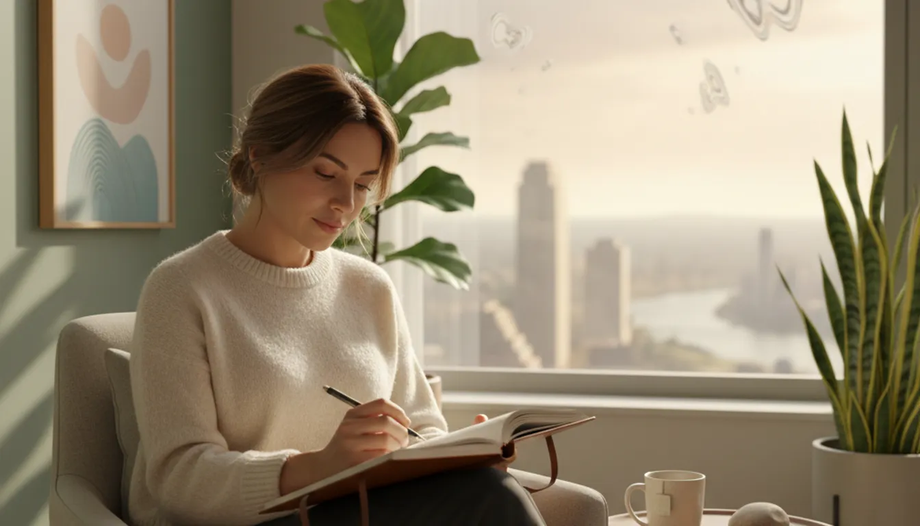 Photorealistic image of a woman practicing CBT techniques to overcome social anxiety in therapy.