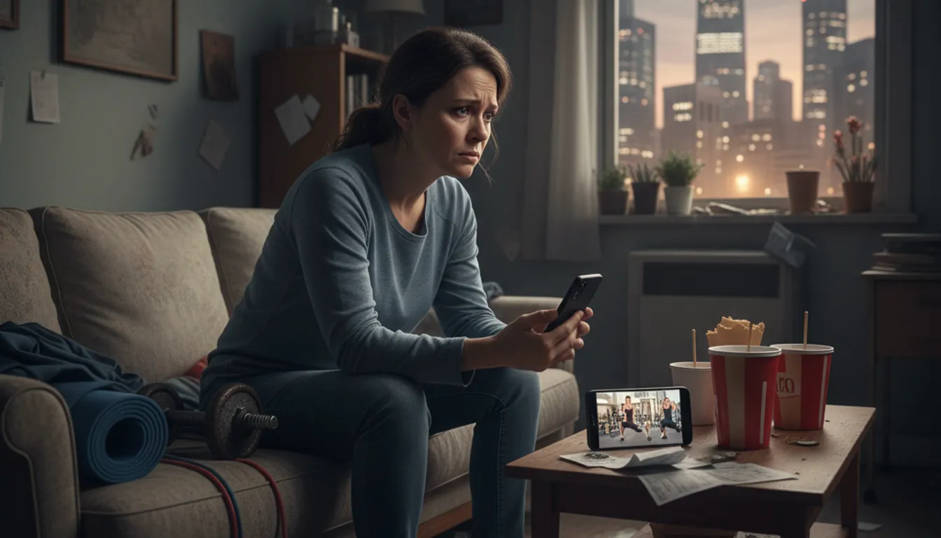 Person overwhelmed by cost, using online fitness, surrounded by minimal home gym equipment.