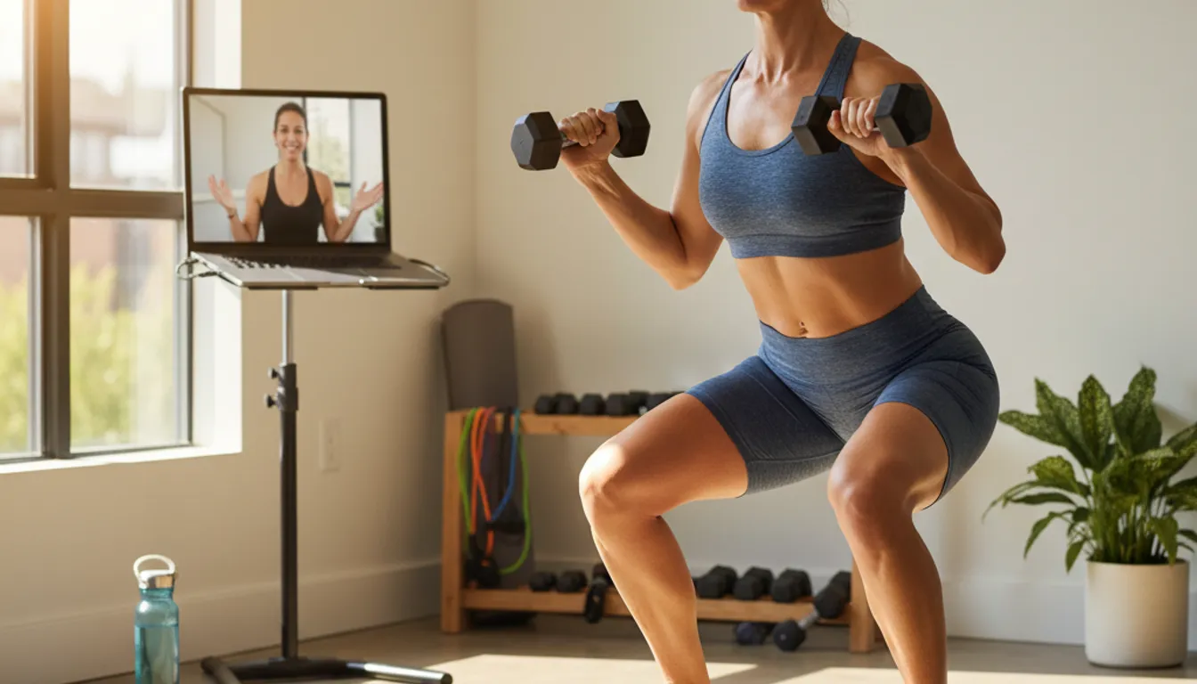 Woman working out with online personal trainer, achieving fitness goals at home.