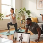 Online personal training: Diverse people exercising at home with virtual fitness programs.