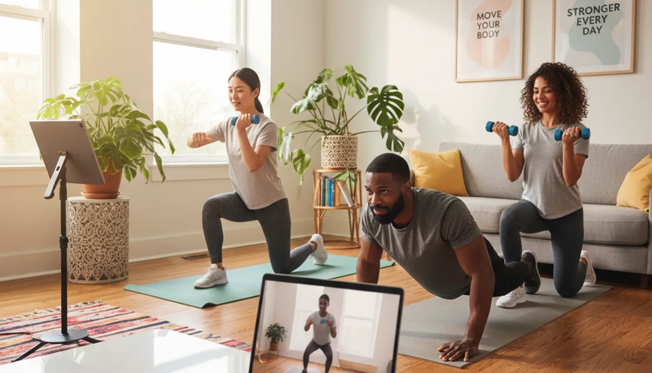 Online personal training: Diverse people exercising at home with virtual fitness programs.