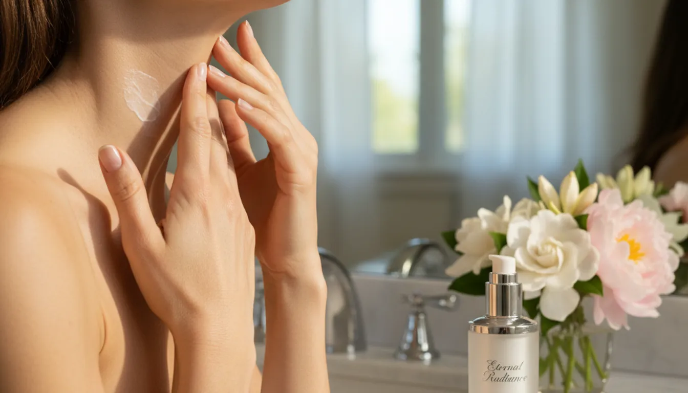 Woman applying anti-wrinkle cream to her neck; promoting healthy skin and skincare routine.