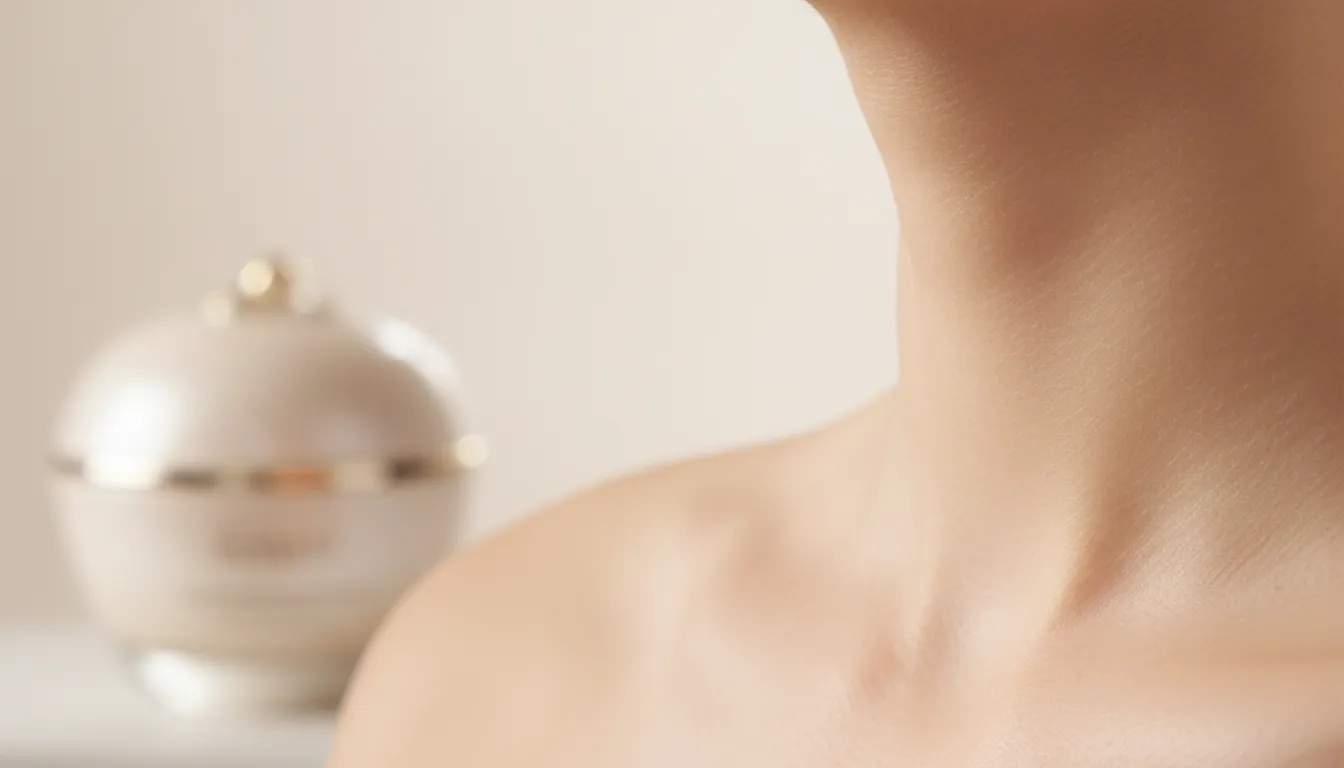 Photorealistic image of a woman's smooth neck, advertising anti-wrinkle cream.