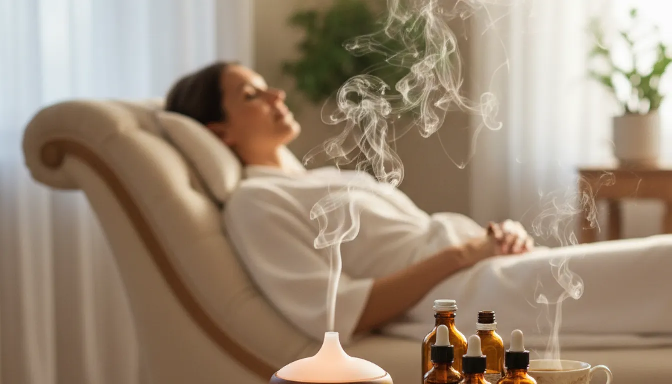 Woman relaxing at spa with aromatherapy oils and coffee for ultimate relaxation.
