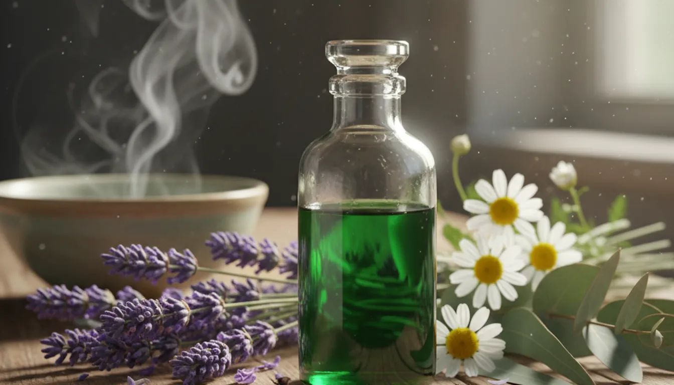 Aromatherapy essential oil vial surrounded by plants, illustrating relaxation techniques.