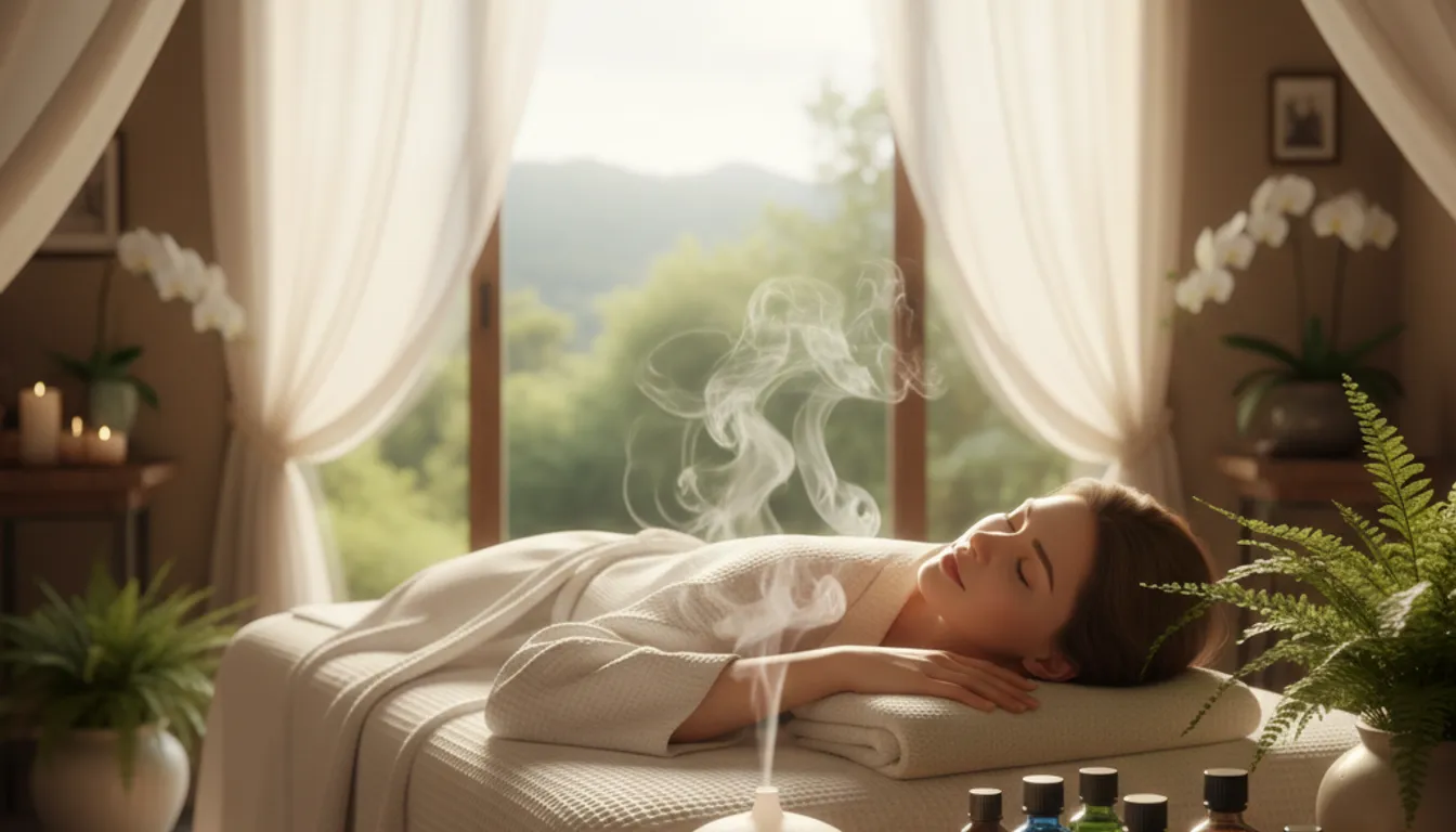Aromatherapy for relaxation: serene spa scene with essential oils and a woman at peace.