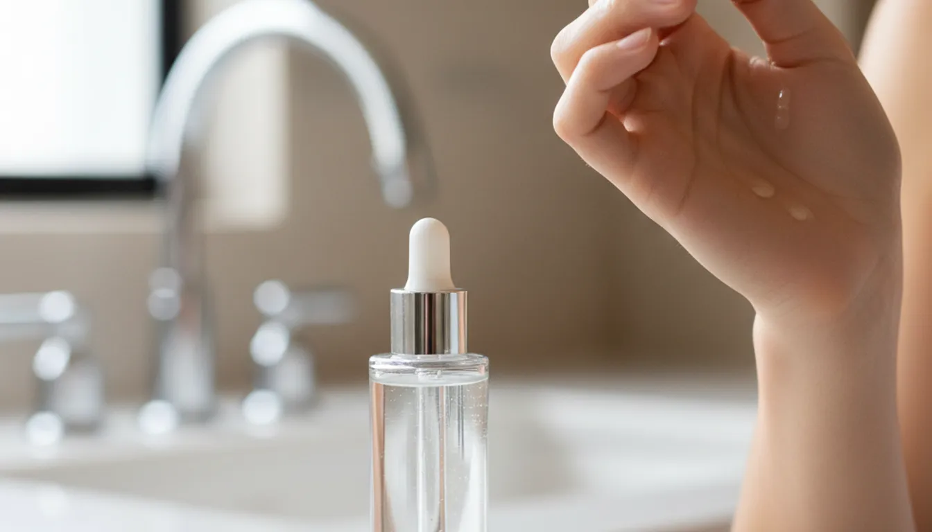 Woman applying anti-aging serum for sensitive skin, glowing and healthy complexion.