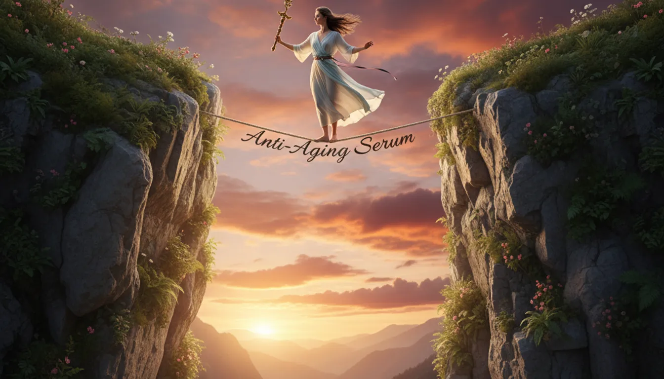 Woman balancing on anti-aging serum tightrope: gentle and effective skincare for sensitive skin.