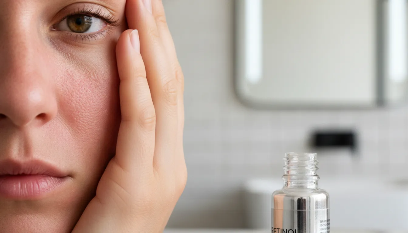 Red, irritated skin reacting to retinol serum, a common anti-aging treatment.