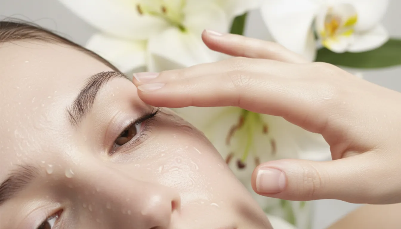 Anti-aging serum for sensitive skin: close-up of a face with gentle application.