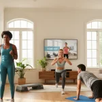 Best home workouts for beginners 2025: diverse group exercising at home.
