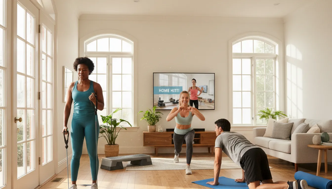 Best home workouts for beginners 2025: diverse group exercising at home.