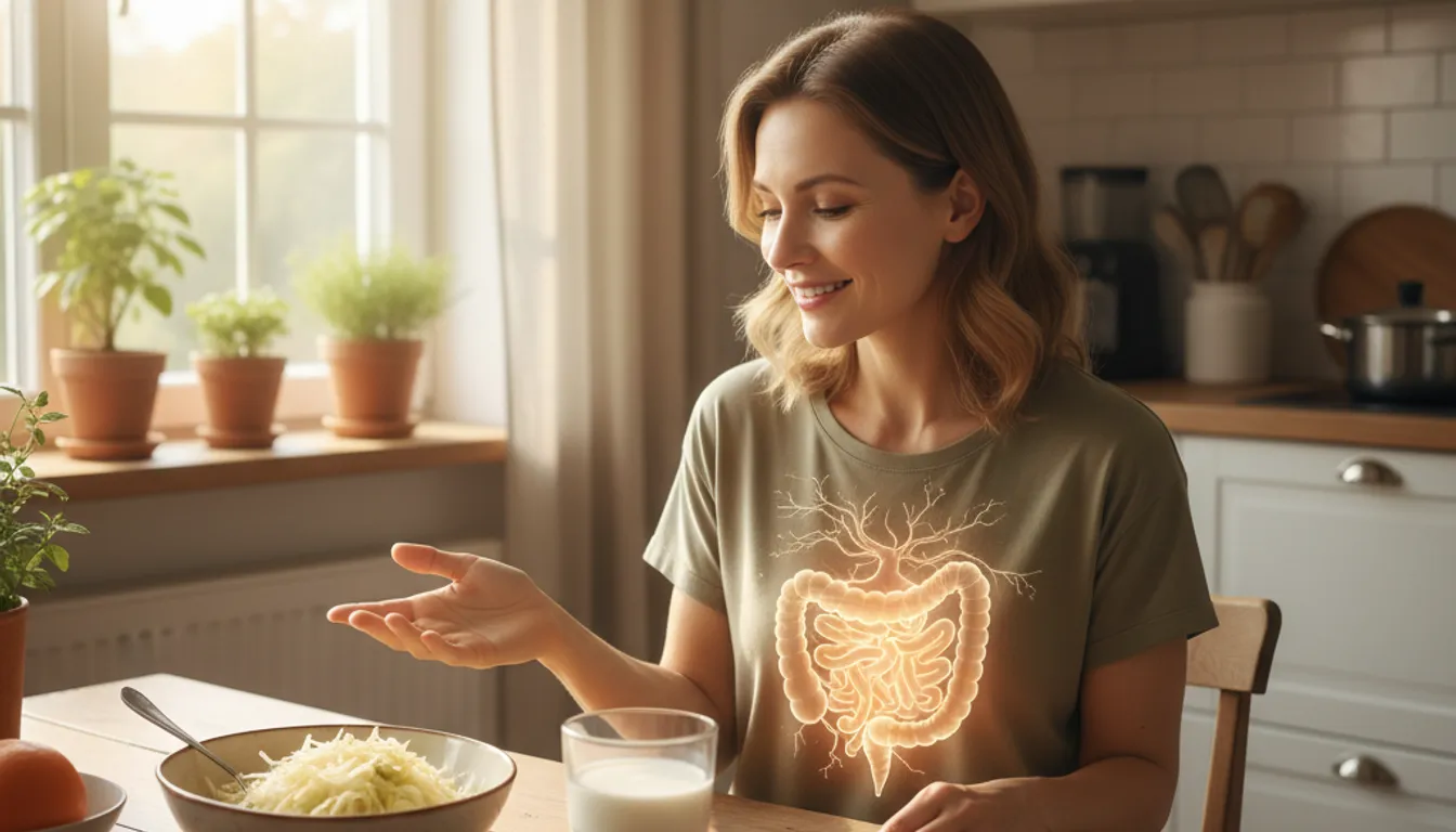 Woman smiles with relief after eating sauerkraut and kefir for gut health.