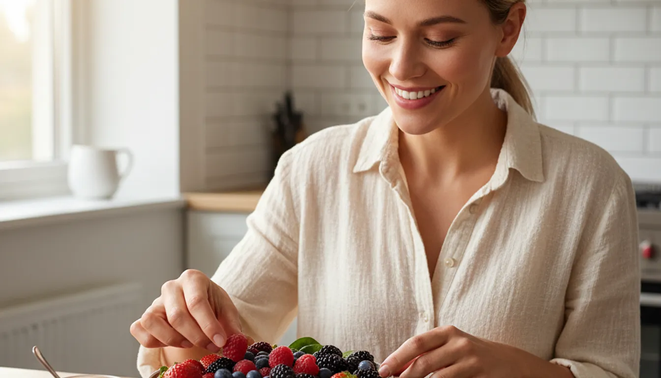 Woman enjoying a healthy breakfast of berries, greens, and chia seeds for gut health.