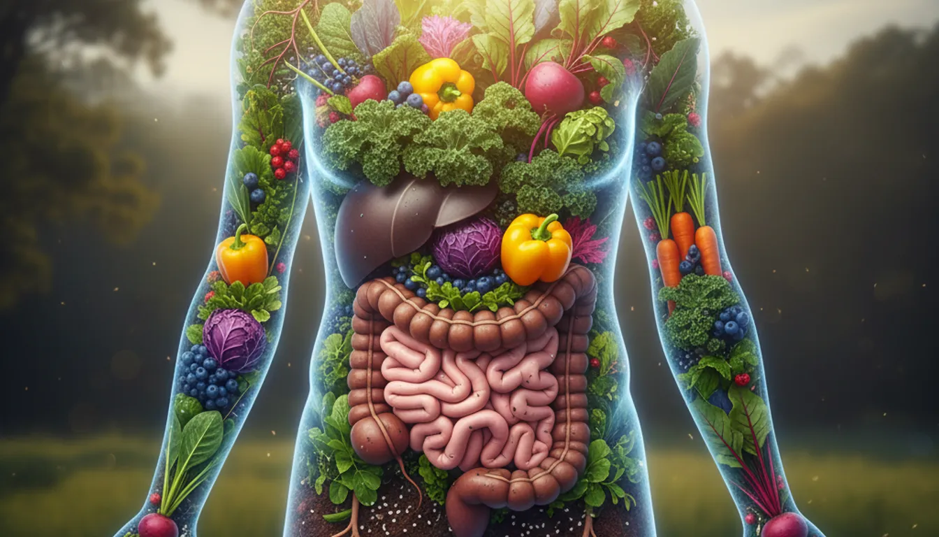 Photorealistic image of a healthy gut microbiome thriving with superfoods for improved gut health.