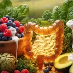 Superfoods for gut health: berries, greens, yogurt, and healthy digestive system representation.