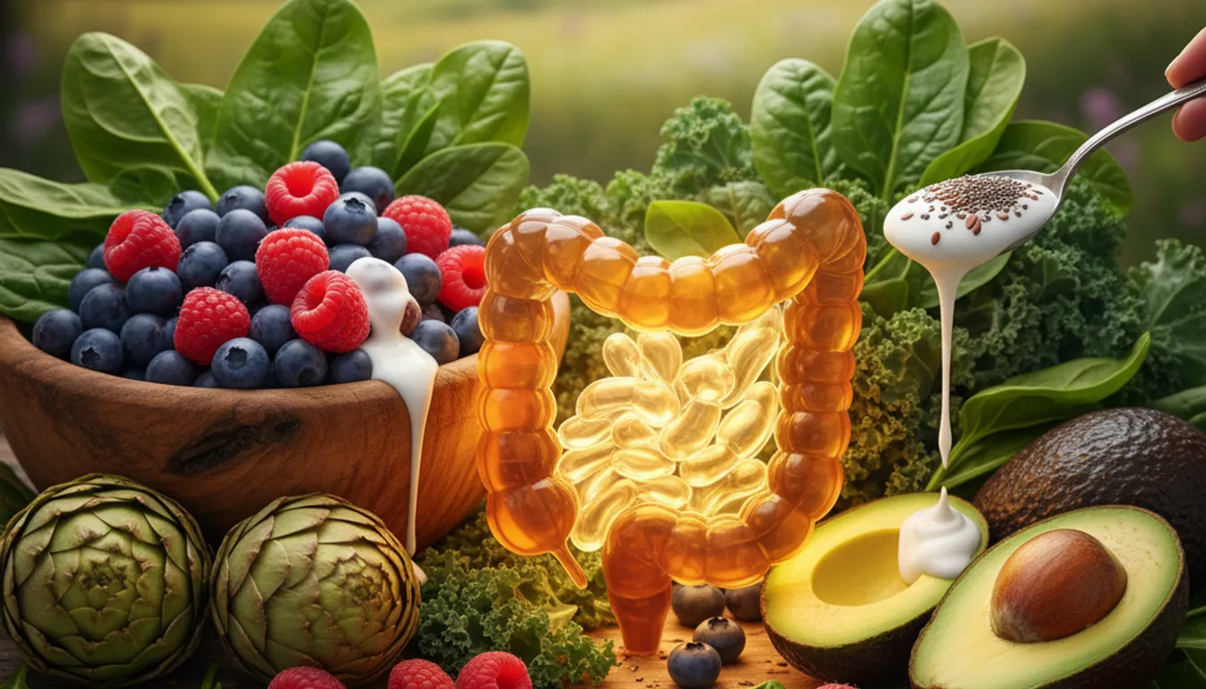 Superfoods for gut health: berries, greens, yogurt, and healthy digestive system representation.