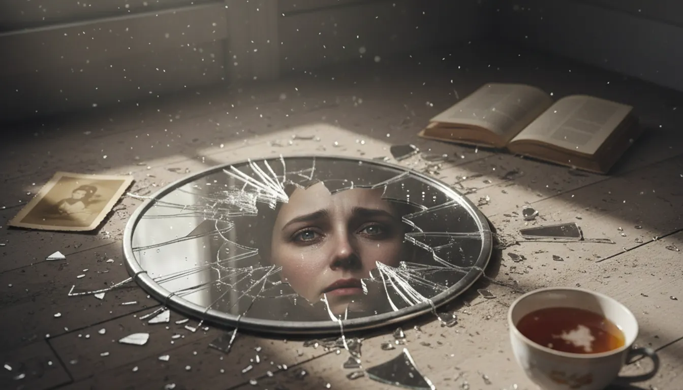 Broken mirror and scattered shards symbolize trauma and the struggle to rebuild after loss.