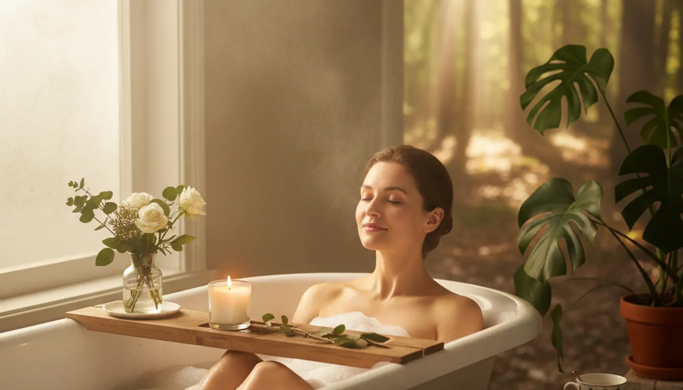 Woman in bathtub, self-care, relaxation, stress relief, nature, mental health, resilience