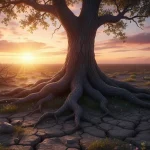 Resilience after trauma: a strong tree surviving a storm, with a hopeful sunrise.