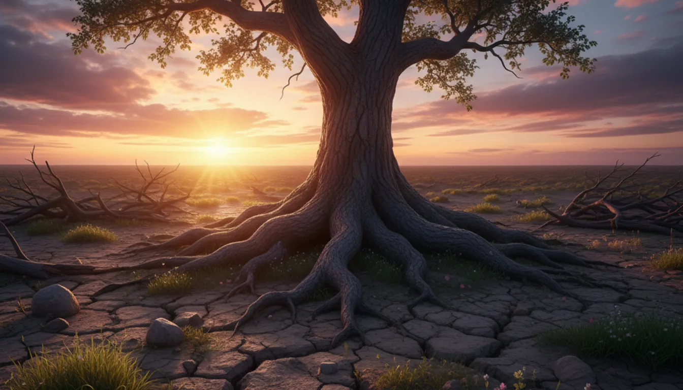 Resilience after trauma: a strong tree surviving a storm, with a hopeful sunrise.