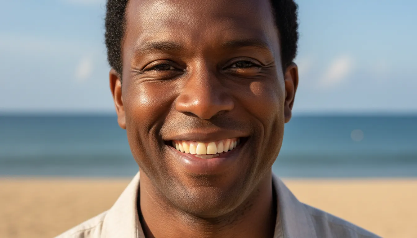 Black man with clear skin, smiling on beach after using a clay face mask for blackheads.