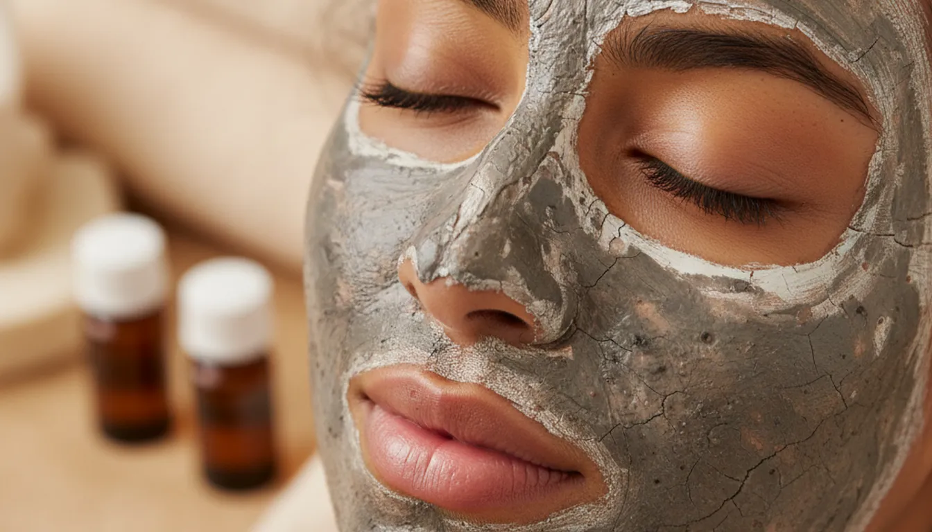 Photorealistic image of a clay face mask application, targeting blackheads on diverse skin.