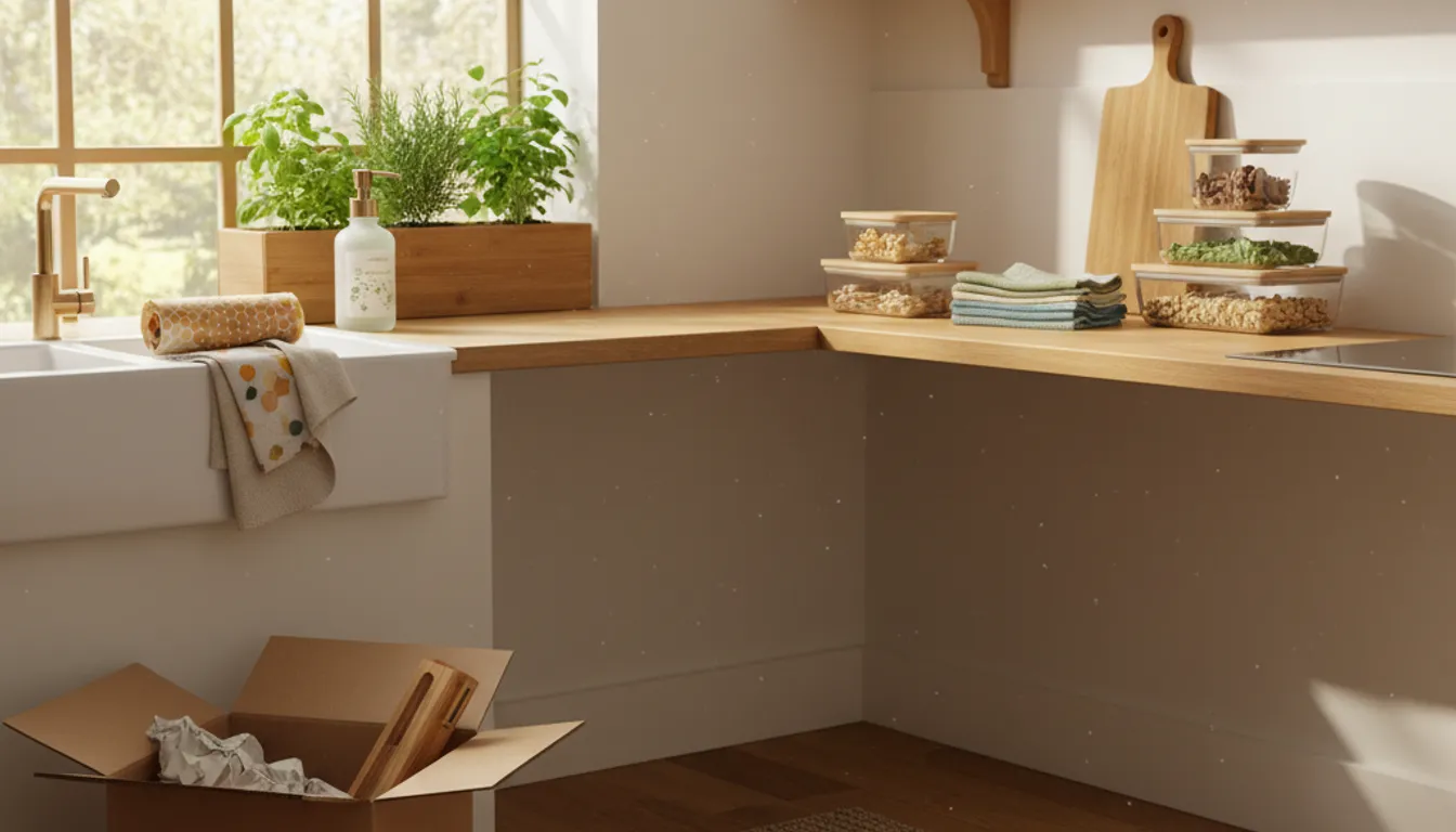 Eco-friendly kitchen products in natural light, showcasing sustainable home upgrades for 2025.