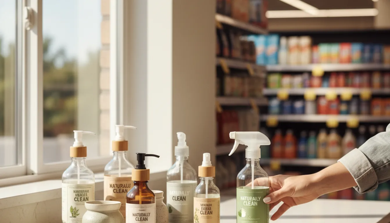 Eco-friendly cleaning products in a bright kitchen, contrasting with a cluttered supermarket aisle.