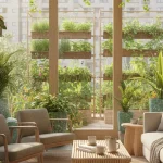 Eco-friendly home products 2025: Sustainable living room with plants, natural materials.