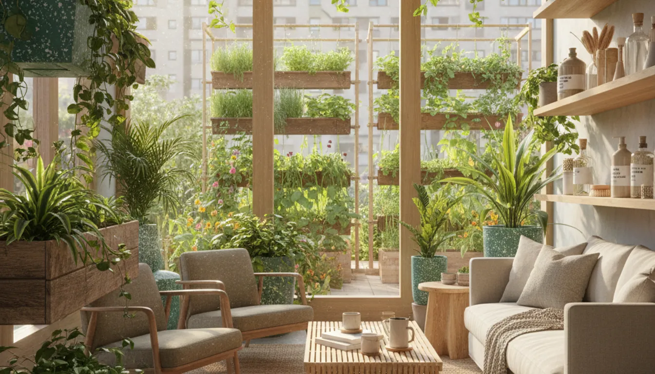 Eco-friendly home products 2025: Sustainable living room with plants, natural materials.