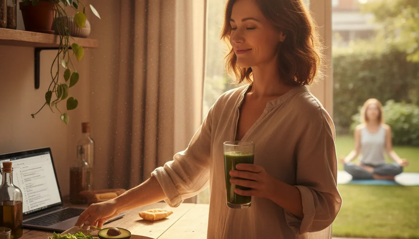 Woman transforming by eating healthy fats in a kitchen, managing stress for better health.