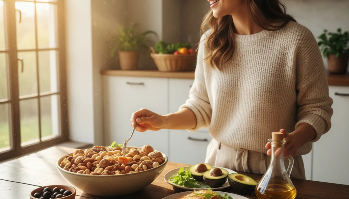 Healthy fats foods: avocados, olive oil, nuts, salmon, and seeds, promoting a healthy lifestyle.