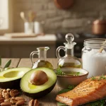 Healthy fats food: avocado, olive oil, nuts, salmon, coconut oil, olives, arranged on a table.