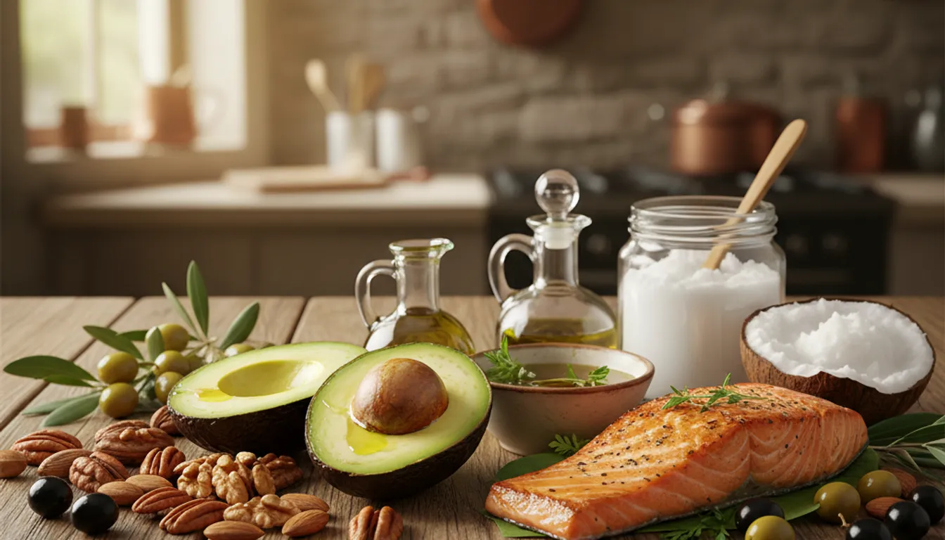 Healthy fats food: avocado, olive oil, nuts, salmon, coconut oil, olives, arranged on a table.