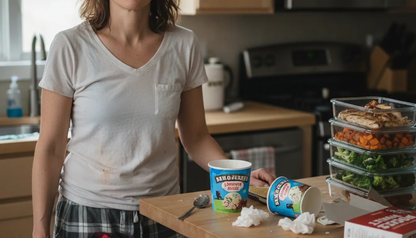 Woman in pajamas amidst kitchen mess, transitioning to high protein meal prep for weight loss.