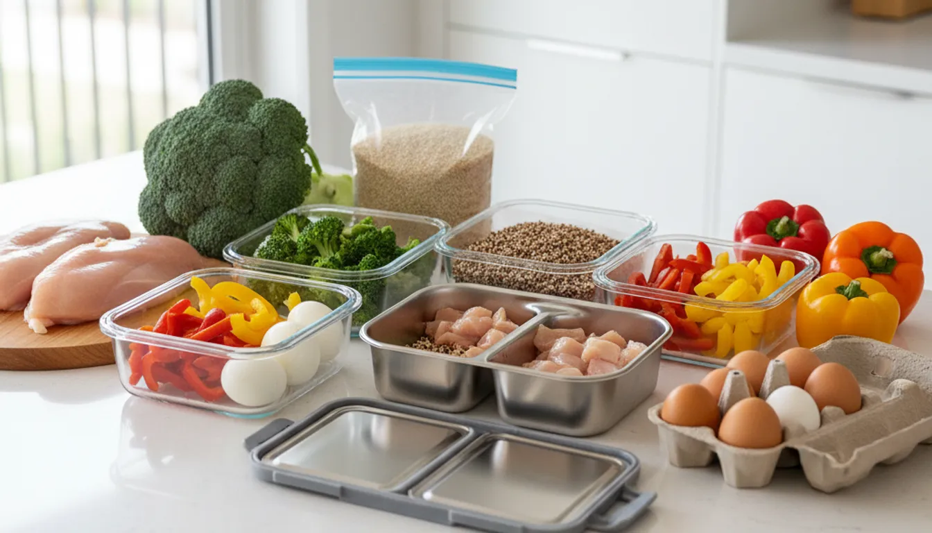 High-protein meal prep ingredients: chicken, broccoli, quinoa, eggs, bell peppers – ready to be assembled.