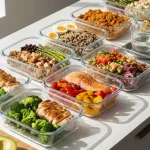 High protein meal prep containers with healthy food for weight loss.