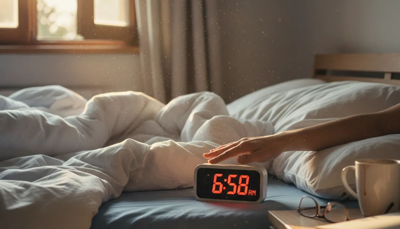 Tired person hitting snooze on alarm clock in messy bedroom, representing a chaotic morning routine.