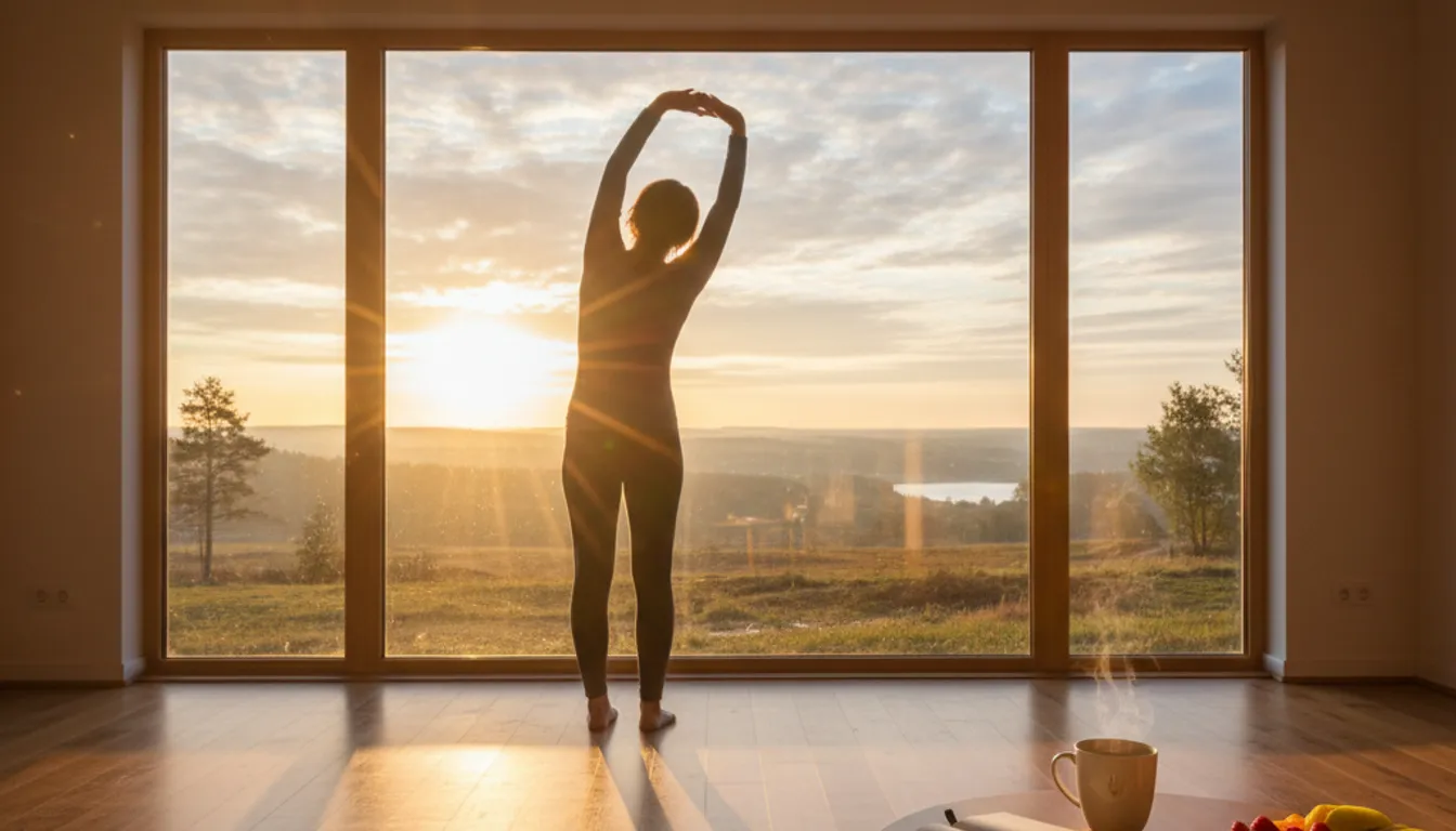 Beautiful morning scene depicting a healthy and mindful morning routine for a productive day.