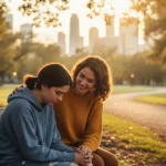 Image: Friends supporting each other, one sad, in a park, representing depression support.