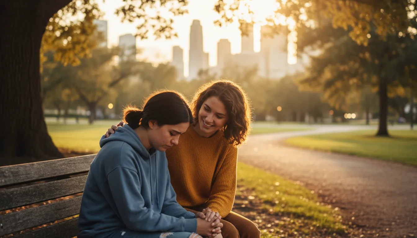 Image: Friends supporting each other, one sad, in a park, representing depression support.