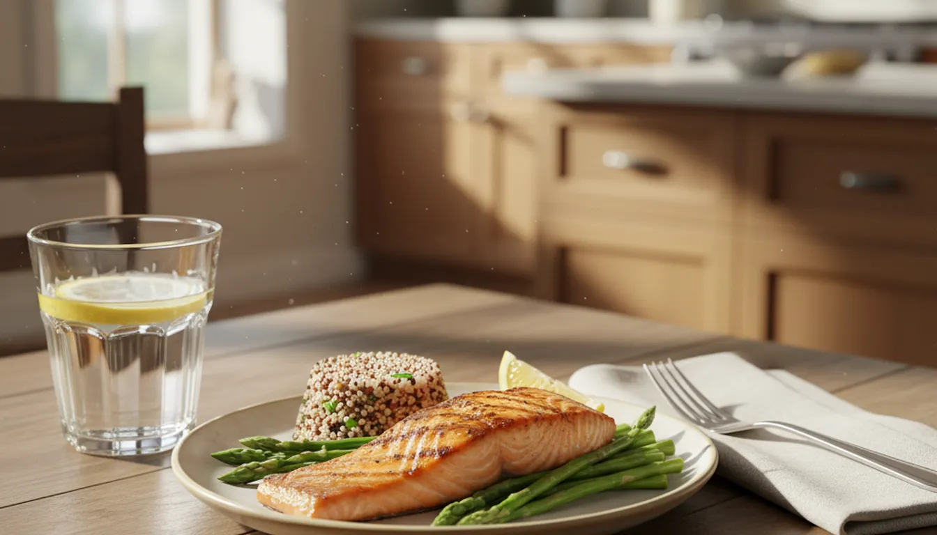 Photorealistic image: Intermittent fasting meal plan with salmon, asparagus, quinoa and water.