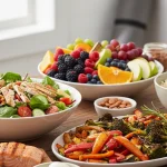 Intermittent Fasting Meal Plan: A table with healthy foods like salmon, salad, vegetables, and fruit.
