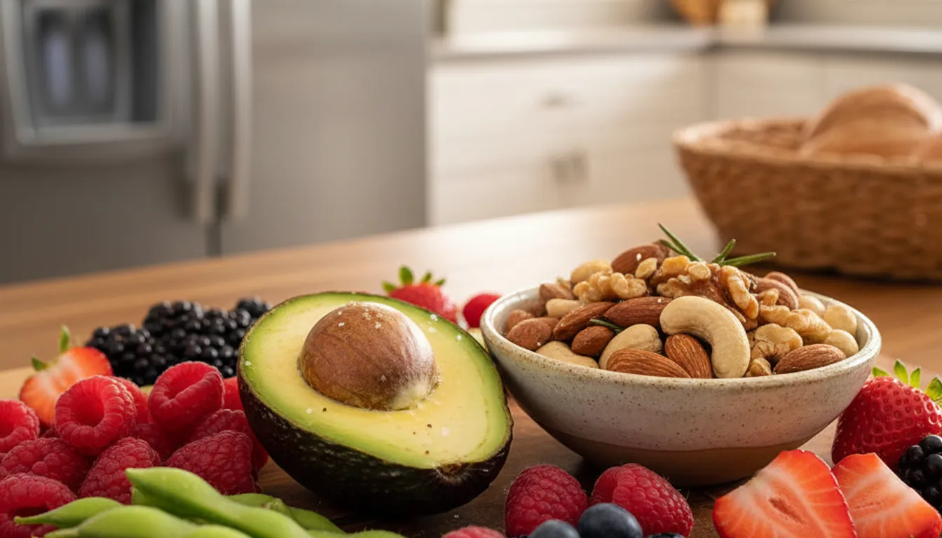 Low calorie snacks: avocado, nuts, berries, edamame - for fullness and healthy eating.
