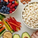 Low calorie snacks for weight management: fresh fruits, vegetables, nuts, and healthy options.