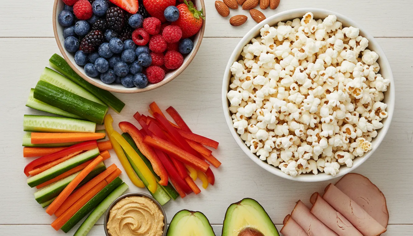 Low calorie snacks for weight management: fresh fruits, vegetables, nuts, and healthy options.