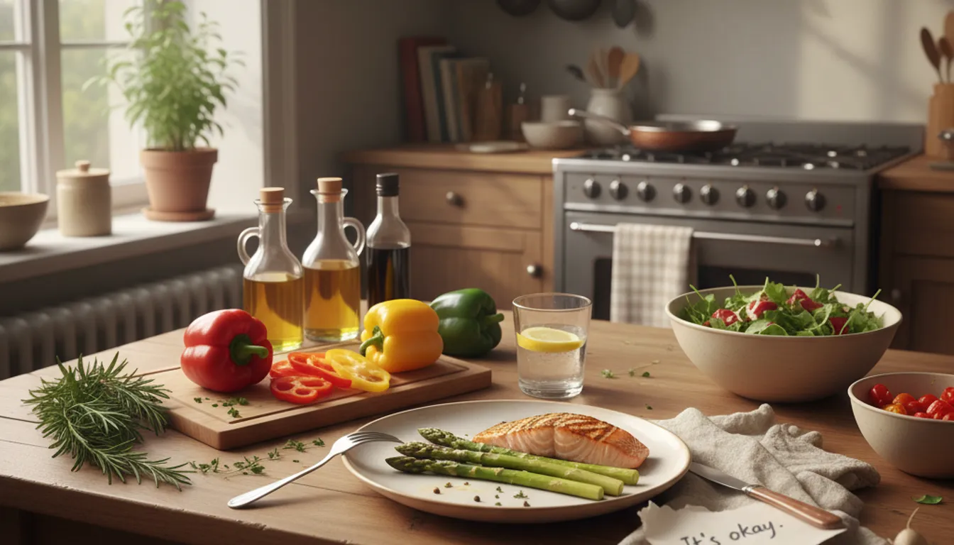 Low carb dinner for one: Salmon with asparagus, symbolizing self-compassion for diabetics.